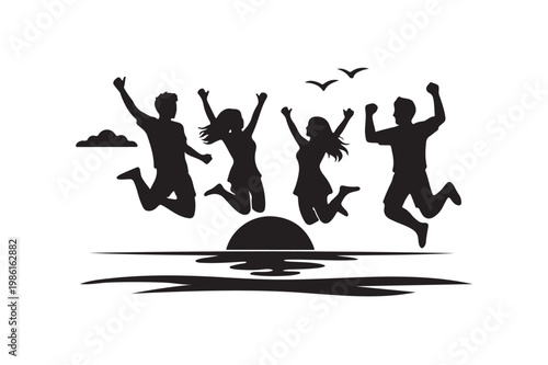 Friends jumping on the beach during sunset joyful summer moment icon silhouette on white background.
