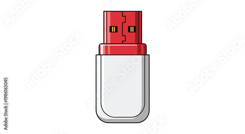 A sleek red and white USB flash drive stands vertically against a pristine white background with sharp outlines and clean digital illustration aesthetics.