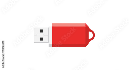 A vibrant red USB flash drive with a sleek silver connector and a small keychain loop lies horizontally against a minimalist and clean white background.
