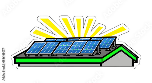 Solar panels on a roof with sun rays emitting energy efficiently