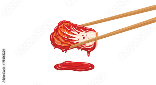 Wooden chopsticks carefully lift a single piece of spicy fermented kimchi cabbage dripping with rich red chili sauce over a clean white background area.