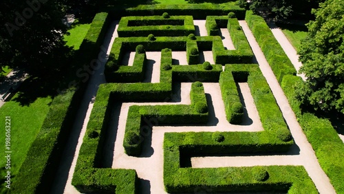 Aerial Top View of Classic Garden Hedge Maze in Sunny Summer Park