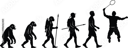 Human Evolution Progression from Primate to Modern Athlete Playing Badminton Silhouette Illustration Showing Growth, Development, Sport Activity, and Cultural Advancement.