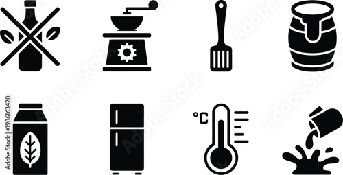 Kitchen and food production icon set featuring coffee grinder spatula honey barrel milk carton refrigerator thermometer and liquid splash symbols.