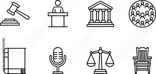 Professional vector collection of legal line icons representing judicial system trial procedure lawyer services government authority and civil rights protection.