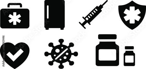 Medical healthcare icon set featuring first aid kit syringe vaccine bottle virus shield and heart symbols for hospital and pharmacy design.