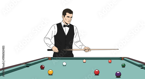 A professional billiard player wearing a formal black vest and bowtie holds a long wooden cue stick while concentrating on the colorful pool table balls.