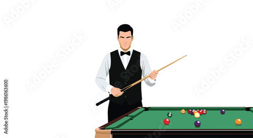 A focused billiard player in a black formal vest and bowtie stands behind a green pool table holding a wooden cue stick in a ready professional position.