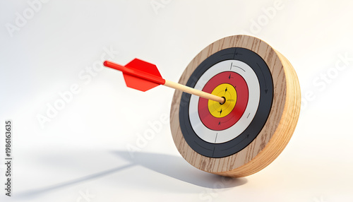 Red and Yellow Target with Arrow Isolated PNG, Bullseye Goal Achievement Concept, Archery Target on Transparent Background