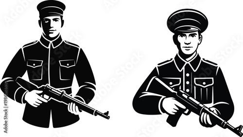 Vintage style black and white vector illustration of two soldiers in uniform holding rifles, patriotic military service concept