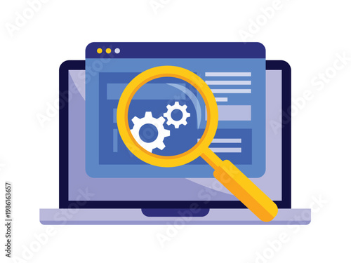 Photos Search engine optimization and website analysis concept with magnifying glass over browser window and gears on a laptop