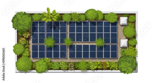 Aerial view of solar panels surrounded by lush greenery and plants