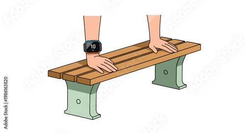 person pushing up from wooden park bench with hands