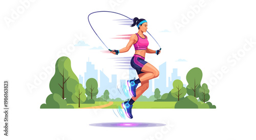 Woman exercising with jump rope outdoors in city park