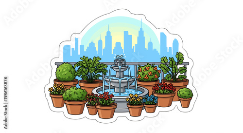 colorful city garden with potted plants and fountain