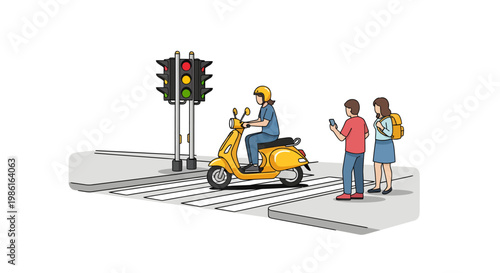 people crossing street with scooter at traffic light