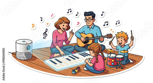 family playing music together on wooden deck outdoors
