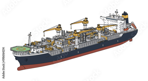 A massive industrial cargo tanker ship features multiple yellow deck cranes and a circular green helipad on its bow while floating on a white background.