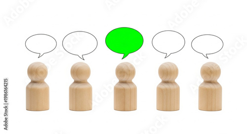Five light wooden peg dolls standing in a row with empty speech bubbles above their heads and one bright green bubble in the center representing a unique idea or different perspective on white