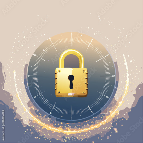 Ein leuchtendes goldenes Vorhängeschloss steht im Zentrum der Komposition und symbolisiert Sicherheit und Schutz im digitalen Raum