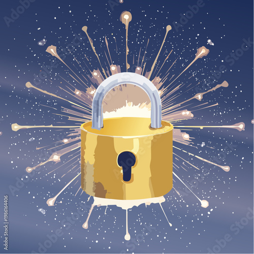 Ein leuchtendes goldenes Vorhängeschloss steht im Zentrum der Komposition und symbolisiert Sicherheit und Schutz im digitalen Raum