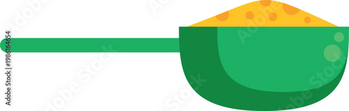 Illustration of a green measuring scoop containing yellow powdered substance for cooking or nutrition