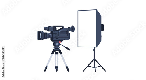 A professional black cinema camera mounted on a sturdy silver tripod stands positioned next to a large rectangular white softbox lighting studio equipment.