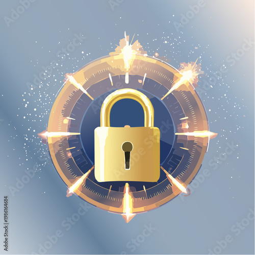 Ein leuchtendes goldenes Vorhängeschloss steht im Zentrum der Komposition und symbolisiert Sicherheit und Schutz im digitalen Raum