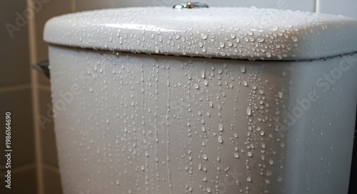 Condensation drops on a white ceramic toilet tank in a bathroom.