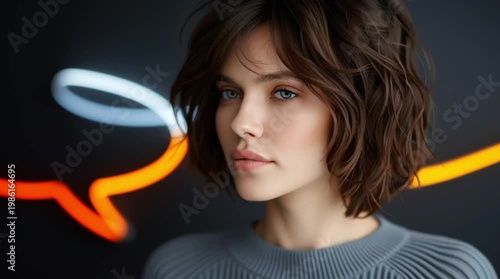 Close up portrait of european woman with short hair and blue eyes with neon light trails representing futuristic digital identity and modern technology concept