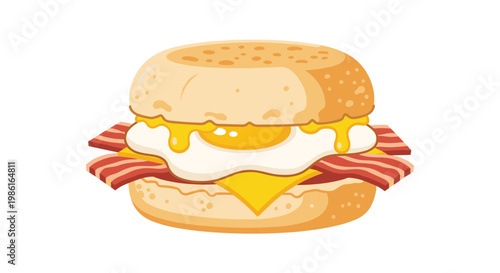 A delicious breakfast sandwich featuring a toasted English muffin layered with a perfectly fried egg, crispy bacon strips, and melted yellow cheddar cheese slices.