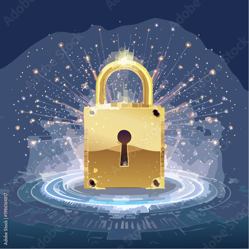 Ein leuchtendes goldenes Vorhängeschloss steht im Zentrum der Komposition und symbolisiert Sicherheit und Schutz im digitalen Raum