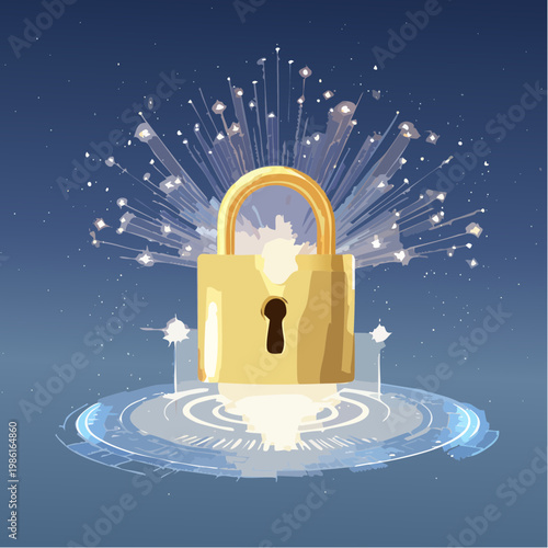 Ein leuchtendes goldenes Vorhängeschloss steht im Zentrum der Komposition und symbolisiert Sicherheit und Schutz im digitalen Raum