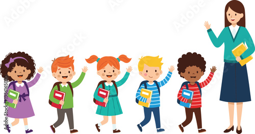 Teacher with Diverse School Children Walking Together Holding Books and Backpacks Illustration Representing Education, Learning, Classroom Activities, and Student Teacher Interaction.