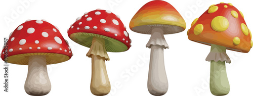 A group of colorful mushroom toys arranged in a row on a white background