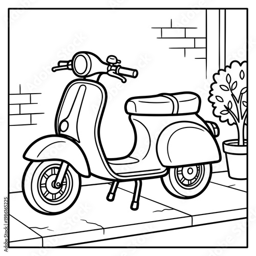 Vintage scooter parked in courtyard near potted plant  coloring page