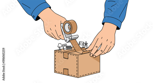 Skilled hands wearing blue sleeves carefully apply brown adhesive tape to a cardboard shipping box adorned with delicate miniature line art household furniture icons.