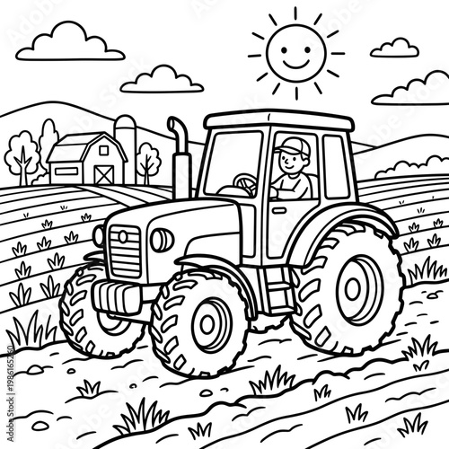 Tractor driving through farmland with sun and barn in background  coloring page