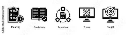 Planning basics icon set with workflow,guidelines,and goal-oriented concepts.Ideal for strategy,management,and business planning visuals.