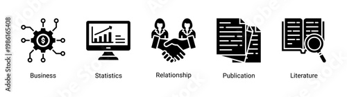 Business insight icon set featuring data analysis,communication,and reporting elements.Perfect for corporate and analytical design projects.