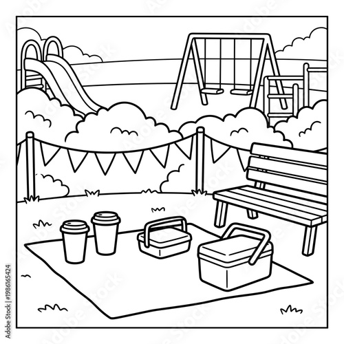 Picnic setup with food containers and coffee cups in park   coloring page