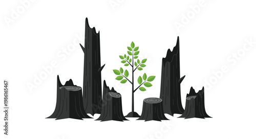 A resilient vibrant green sapling emerges with fresh leaves from the center of several jagged charred black tree stumps against a pristine white background.