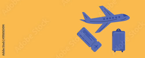 Air travel banner with airplane, ticket and suitcase, vacation template design
