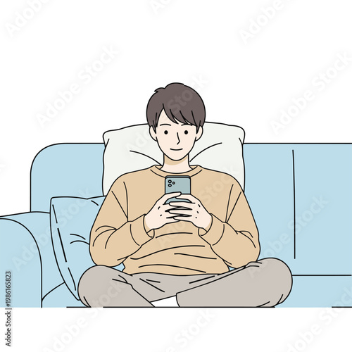 Illustration of a man sitting cross-legged on a couch, focused on his smartphone, showcasing modern leisure and digital engagement.