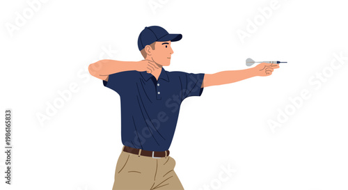 A focused male athlete wearing a dark blue polo shirt and matching cap carefully aims a professional silver dart against a clean white background.