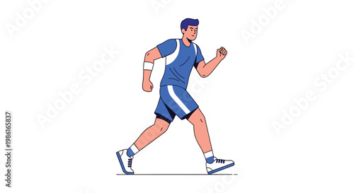A determined male runner dressed in a vibrant blue and white sports uniform performs a high-energy jogging exercise across a pristine white background.