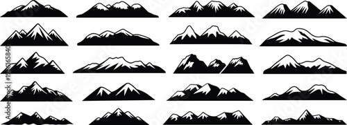 Black and white line collection of various mountain silhouettes and peaks line mountains mountain peaks