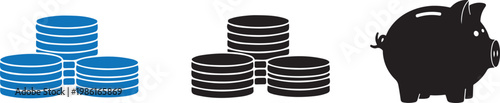 Coin stack and piggy bank icons for savings financial growth and money management design.