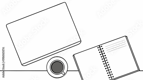 Minimalist top down view of an open spiral bound notebook with lined pages next to a closed laptop and a cup of coffee on a clean white surface conveying focus and productivity