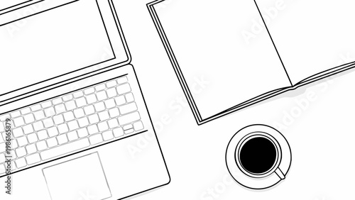 Minimalist flat lay composition featuring an open laptop a blank notebook and a steaming cup of coffee on a clean white surface top down view ideal for modern workspace